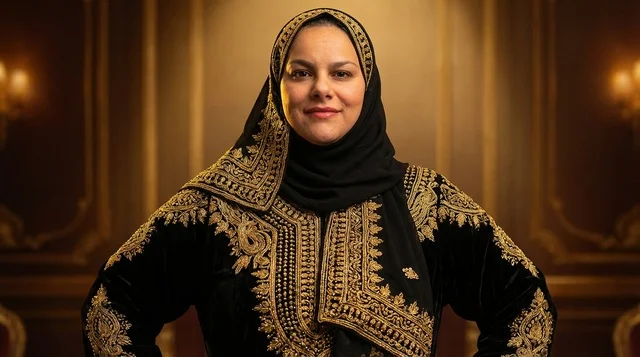 Emirati Woman in Traditional Black and Gold Jalabiya