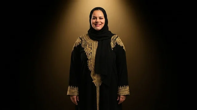 Emirati Woman in Traditional Black and Gold Abaya