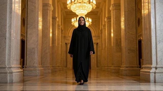 Emirati Woman in Abaya Walking in Luxury Hallway
