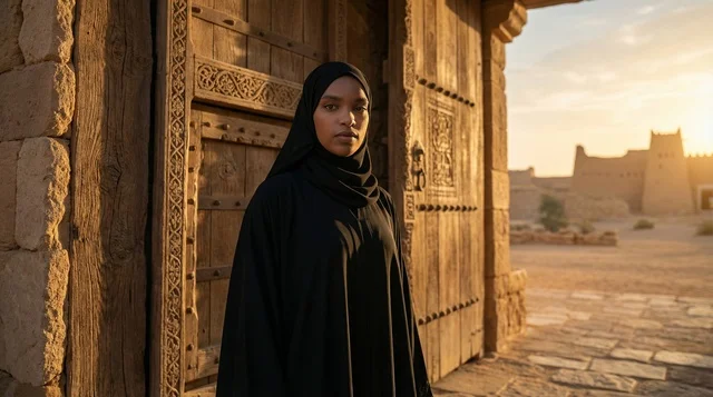 Saudi Woman in Abaya at Heritage Site Sunset