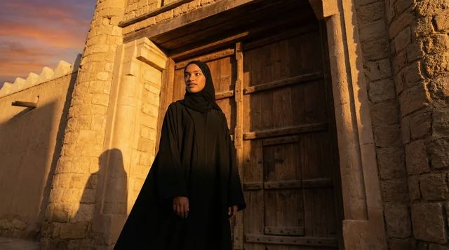امرأة سعودية بالعباءة أمام مبنى طيني تاريخي