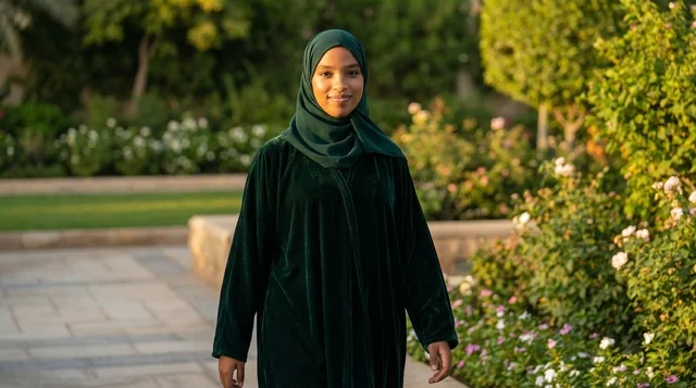 Saudi Woman in Green Velvet Abaya Walking in Park
