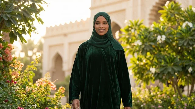 Sudanese Woman in Green Abaya in a Garden