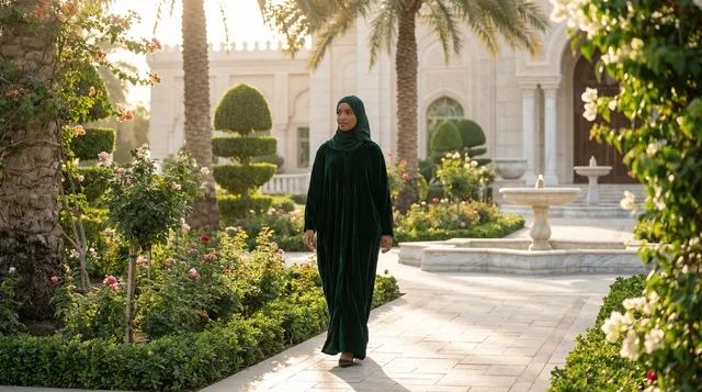 امرأة إماراتية بعباءة مخملية خضراء تسير في الحديقة