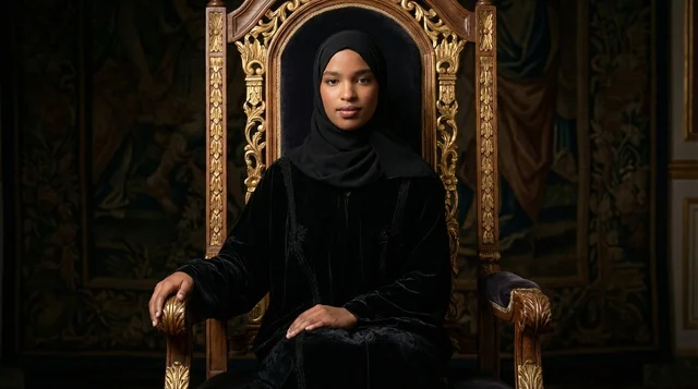 Somali Woman in Black Hijab on Golden Throne