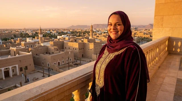 A Saudi woman in a burgundy abaya at an ancient heritage site during sunset. A Saudi woman in a burgundy abaya at an ancient heritage site during sunset.