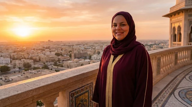 امرأة سعودية بعباءة عنابية في موقع تراثي قديم وقت الغروب