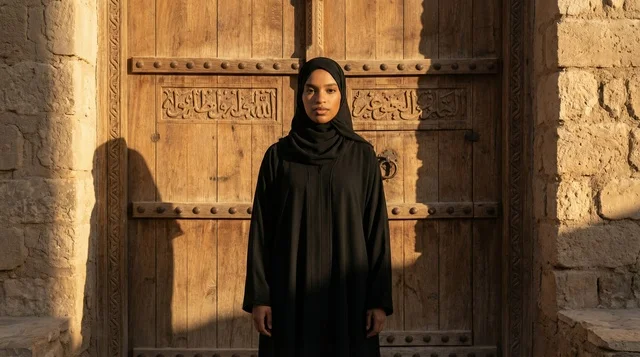 Emirati Woman in Abaya by Traditional Wooden Door
