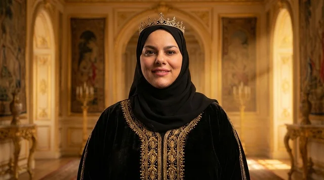 Saudi Woman in Hijab and Crown Inside Luxury Palace