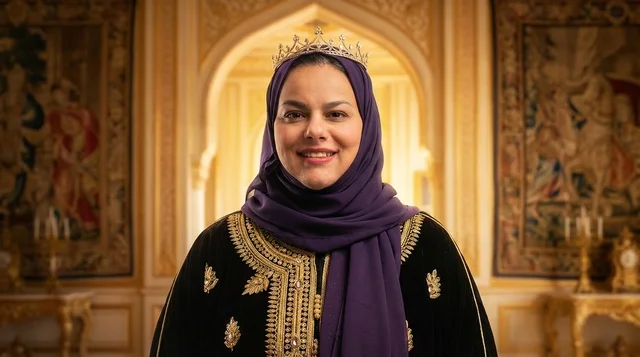امرأة سعودية بالحجاب والتاج داخل قصر فاخر