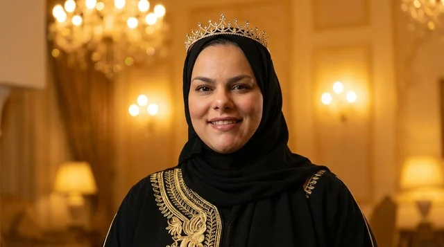 Emirati Woman in Abaya Wearing Gold Crown