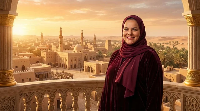 امرأة سعودية بعباءة عنابية في موقع تراثي قديم وقت الغروب