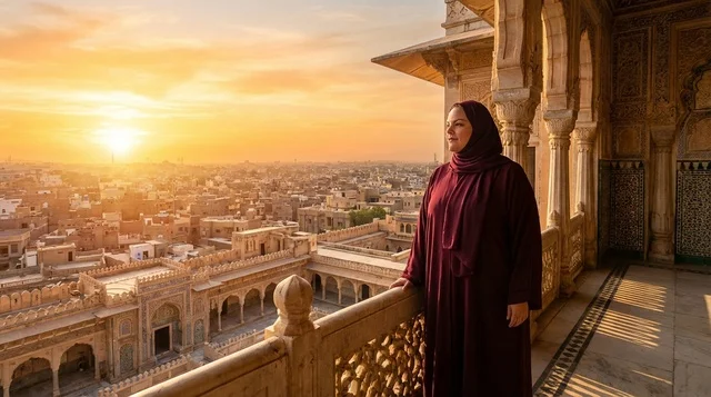 امرأة سعودية بعباءة عنابية في موقع تراثي قديم وقت الغروب