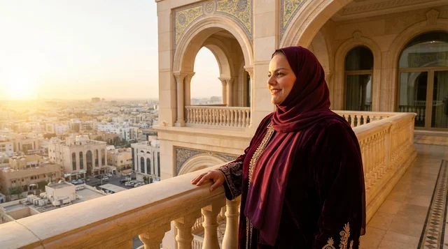 امرأة سعودية على شرفة تطل على مدينة الرياض وقت الغروب امرأة سعودية على شرفة تطل على مدينة الرياض وقت الغروب