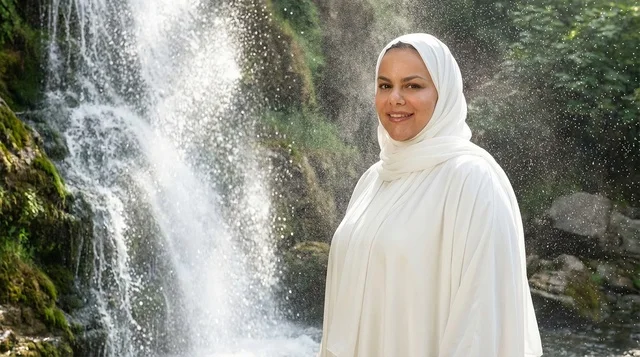 Saudi Woman in White Hijab by Nature Waterfall