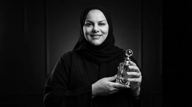 امرأة سعودية تحمل زجاجة عطر كريستالية
