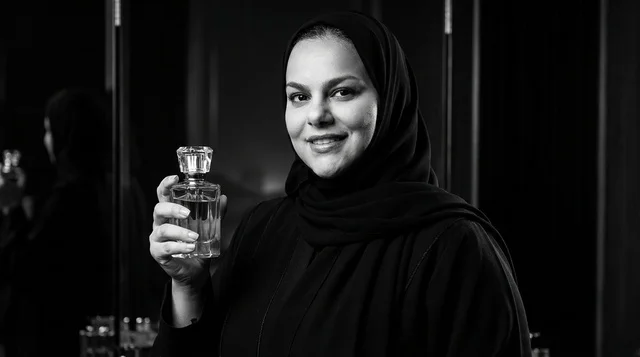 Emirati Woman in Abaya Holding Perfume Bottle