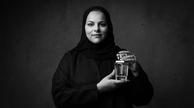 Saudi Woman in Abaya Holding Perfume Bottle Portrait