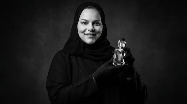 امرأة سعودية تحمل زجاجة عطر باللون الأبيض والأسود