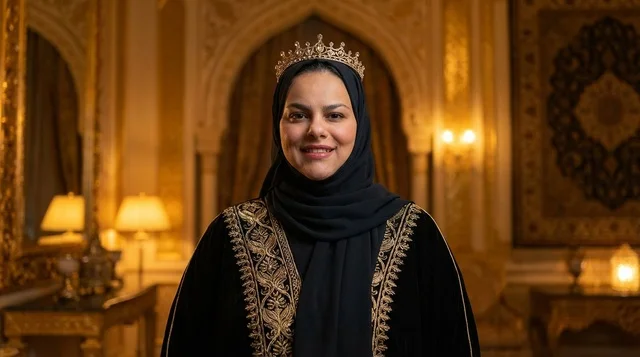 امرأة سعودية بالحجاب والتاج داخل قصر فاخر