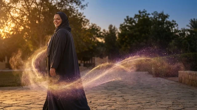 Emirati Woman in Abaya with Magic Light Trails at Sunset