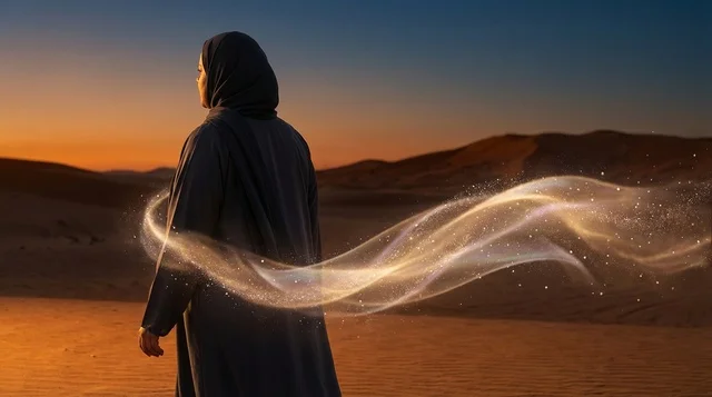 Saudi Woman in Abaya with Light Trails in Desert
