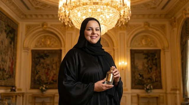 امرأة إماراتية بالعباءة تمسك عطر في قصر فاخر