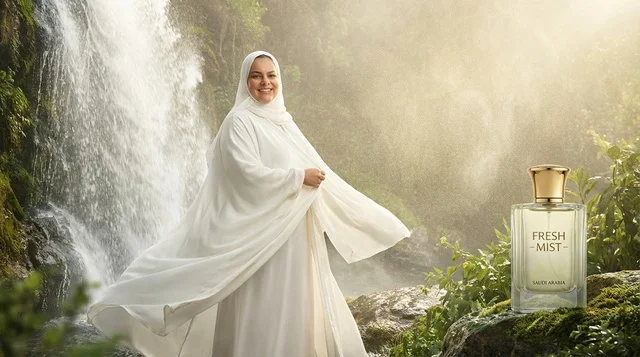 Arab Woman in White Hijab with Perfume at Waterfall