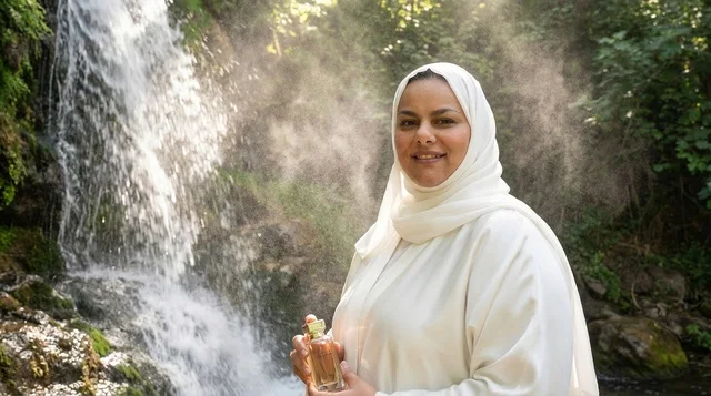 Arab Woman with Perfume at Natural Waterfall