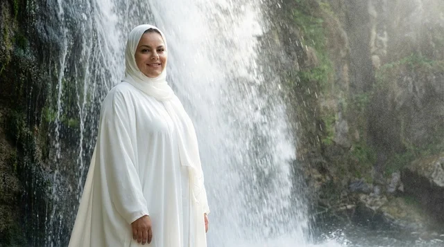 امرأة سعودية بعباءة بيضاء أمام شلال طبيعي