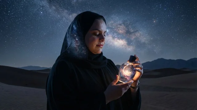 Saudi Woman Holding Glowing Perfume Bottle in Desert Night