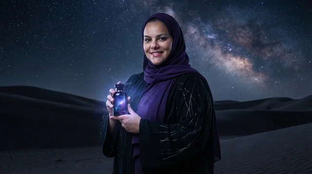 Emirati Woman with Perfume in Desert Night Sky
