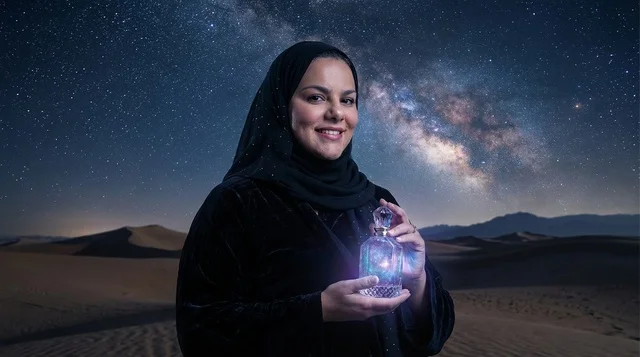 امرأة عربية في الصحراء تحمل زجاجة عطر مضيئة ليلاً