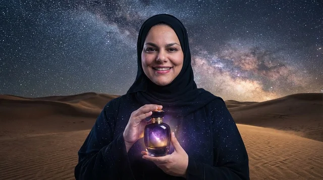 امرأة عربية تمسك زجاجة عطر في الصحراء ليلاً