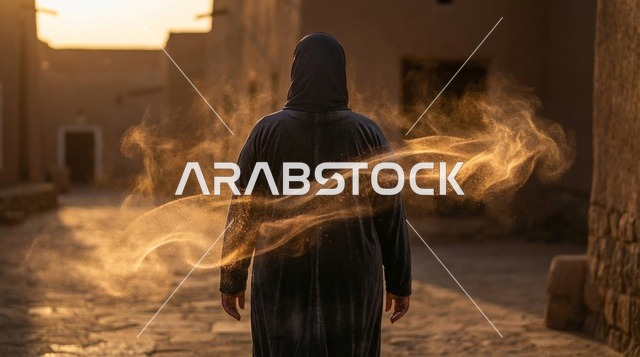 رجل عربي في موقع تراثي عند الغروب مع أثر غبار
