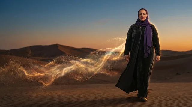 Emirati Woman in Abaya Walking in Desert at Sunset Emirati Woman in Abaya Walking in Desert at Sunset
