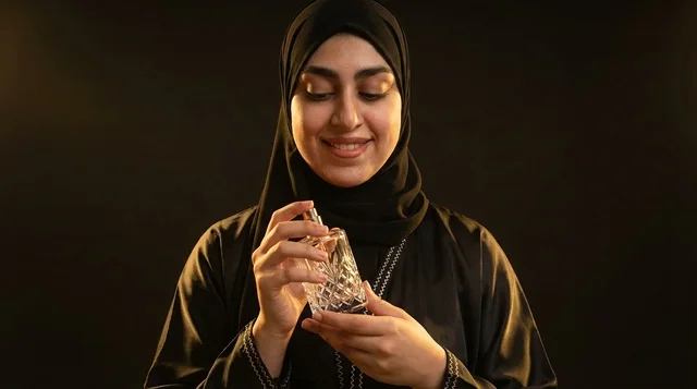 Arab Woman in Hijab Holding Perfume Bottle