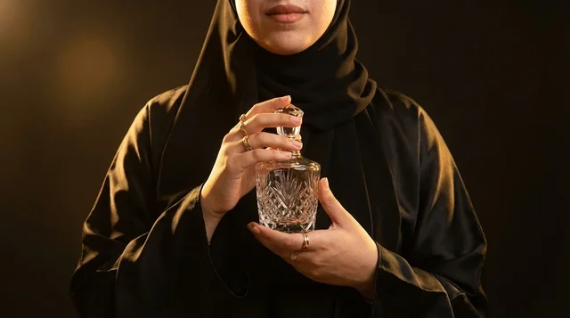 Arab Woman in Abaya Holding Luxury Perfume Bottle