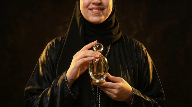 Saudi Woman in Abaya Holding Traditional Perfume Bottle