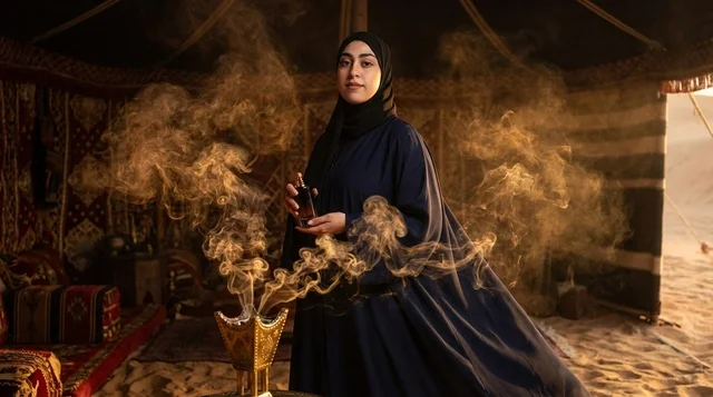 Saudi Woman in Abaya with Incense in Bedouin Tent