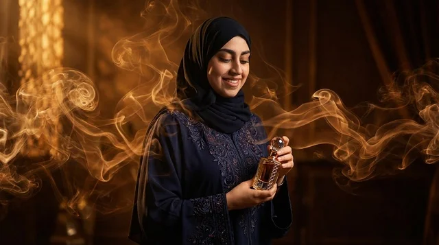 Emirati Woman Holding Luxury Perfume with Golden Smoke
