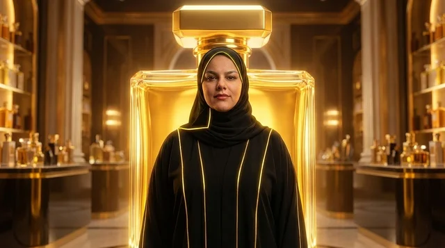 Saudi Woman in Abaya with Giant Gold Perfume Bottle