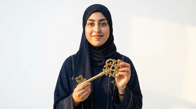 Saudi Woman in Abaya Holding Ornate Golden Key