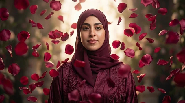 امرأة عربية بالحجاب وبتلات الورد الأحمر المتساقطة