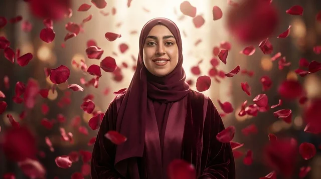 Saudi Woman in Hijab with Falling Red Rose Petals
