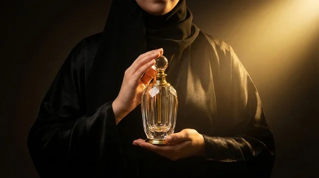 امرأة سعودية بالعباءة تمسك زجاجة عطر فاخرة