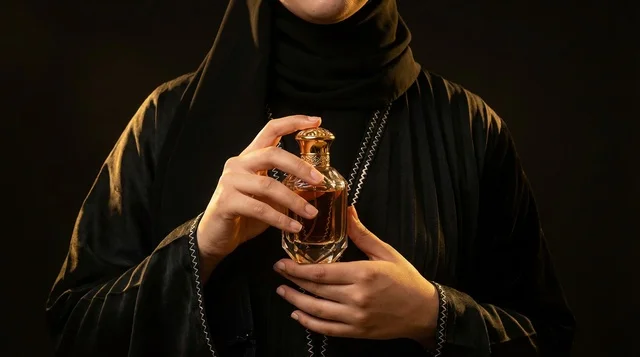 امرأة سعودية بالعباءة تمسك زجاجة عطر فاخرة