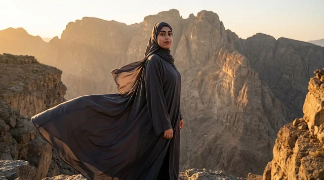 امرأة عُمانية بالعباءة فوق الجبل وقت الغروب