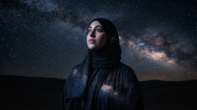 Saudi Woman with Milky Way Galaxy Double Exposure