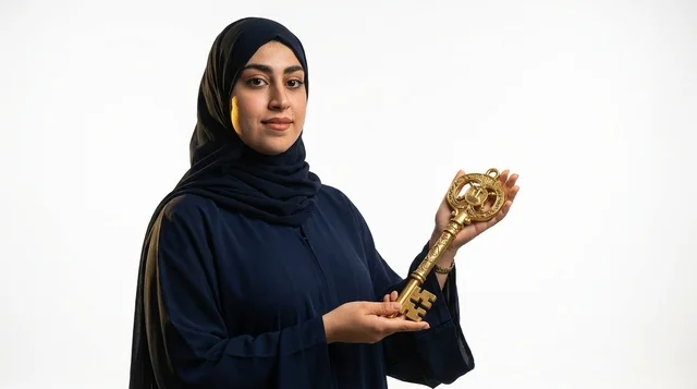 امرأة إماراتية تحمل مفتاحاً ذهبياً كبيراً بخلفية بيضاء